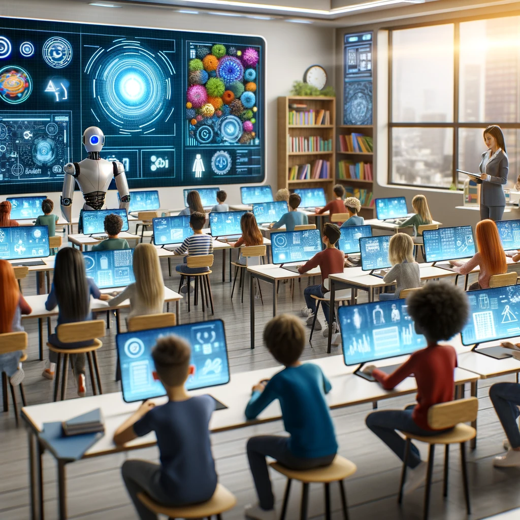salle de classe futuriste où des étudiants de divers horizons s'engagent dans un apprentissage personnalisé grâce à des dispositifs alimentés par l'intelligence artificielle